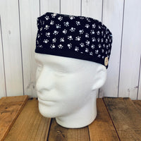 Handmade Buttoned Scrub Caps - Black & White Paw Prints